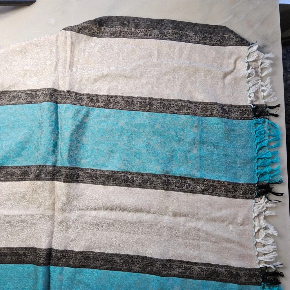 Striped Scarf‎ Wrap Shawl with Tassels - Beige, Blue, Black Accent